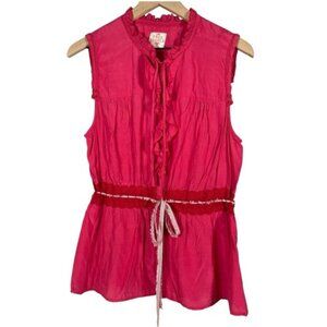 Free People Women’s Pink Ruffle Sleeveless Button Down Shirt Size-large
